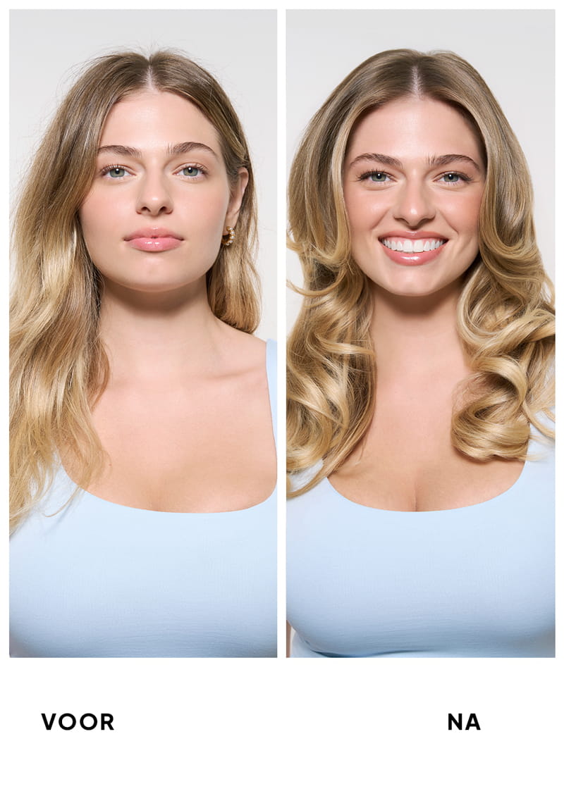 Before and after front-facing comparison of a blonde woman wearing a light blue top — hair appearing flat and lackluster on the left, and voluminous, bouncy, and glossy on the right, with a confident smile.