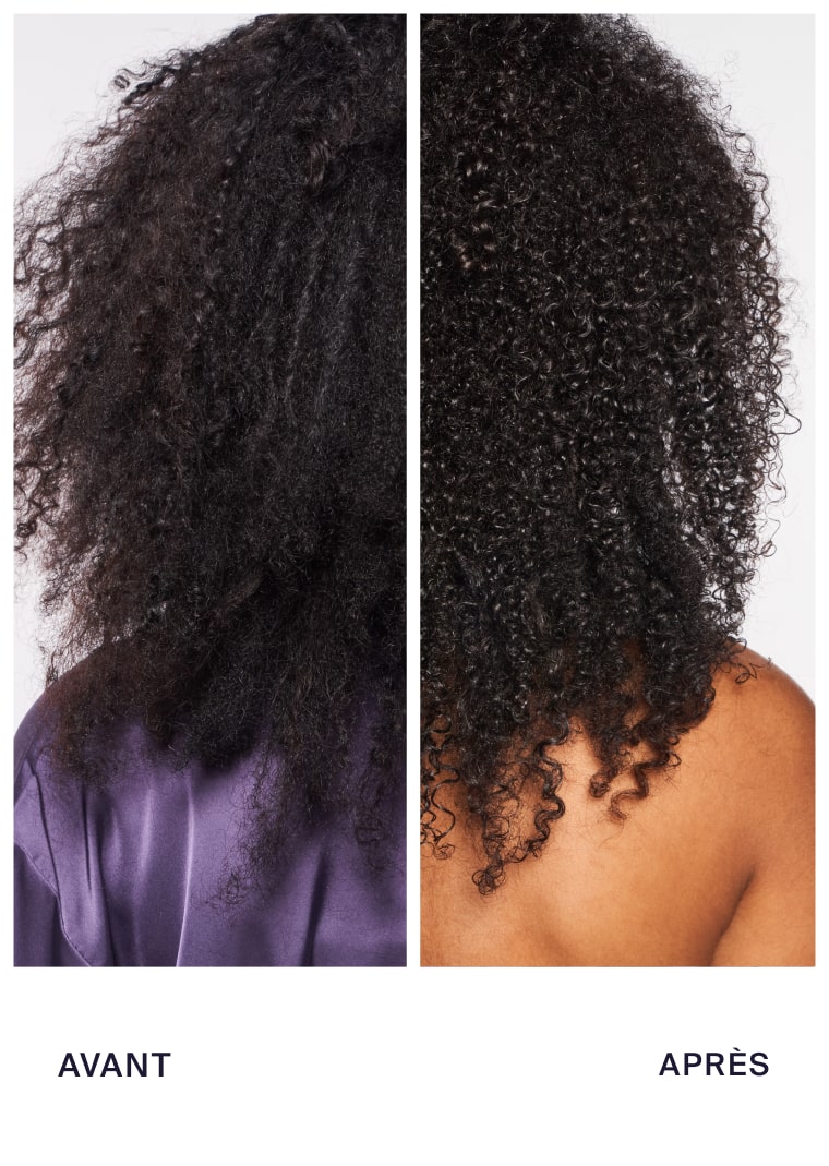 Before and after image showing the front view of a person's face with curly black hair.