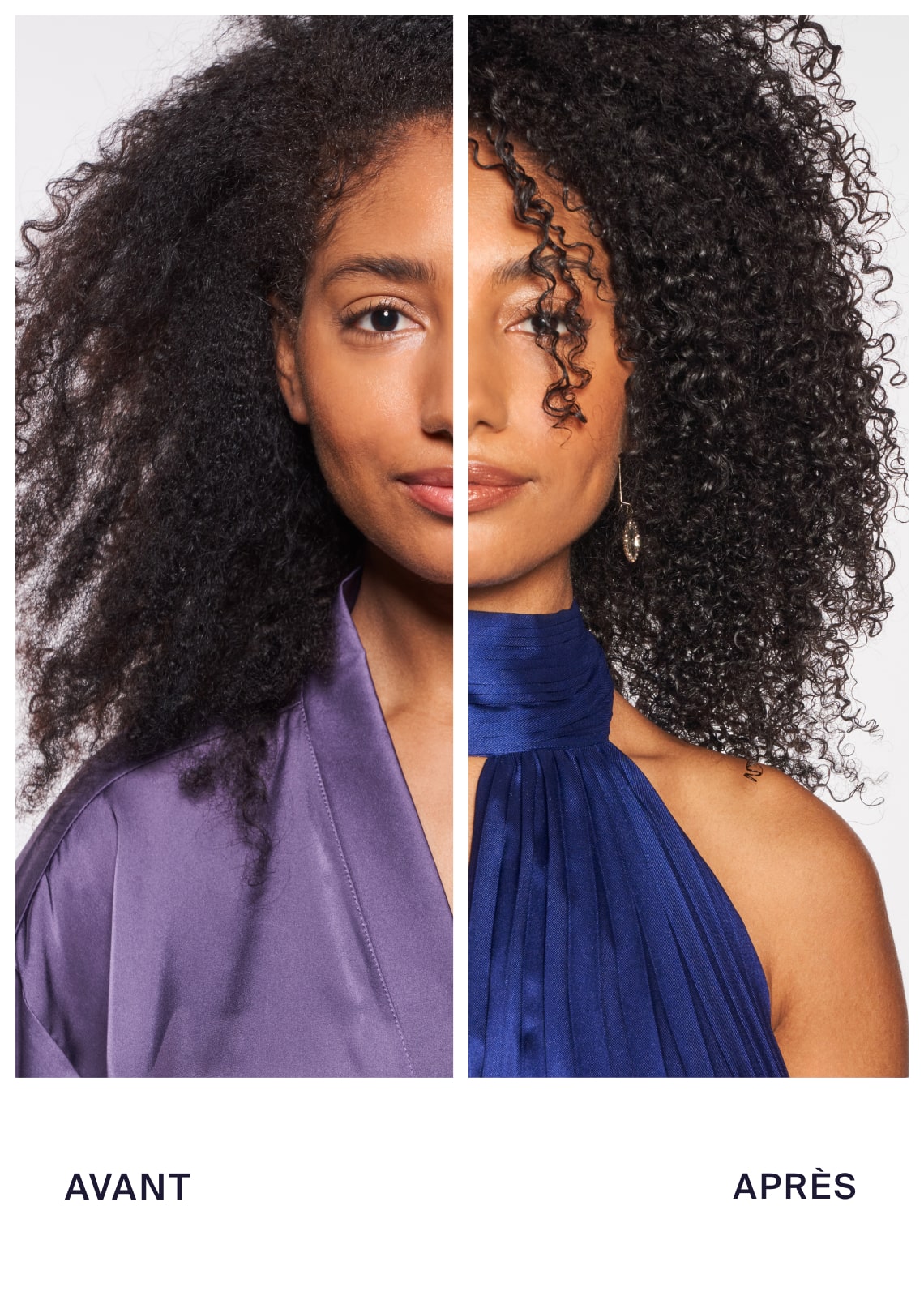 Before and after image showing the front view of a person's face with curly black hair.