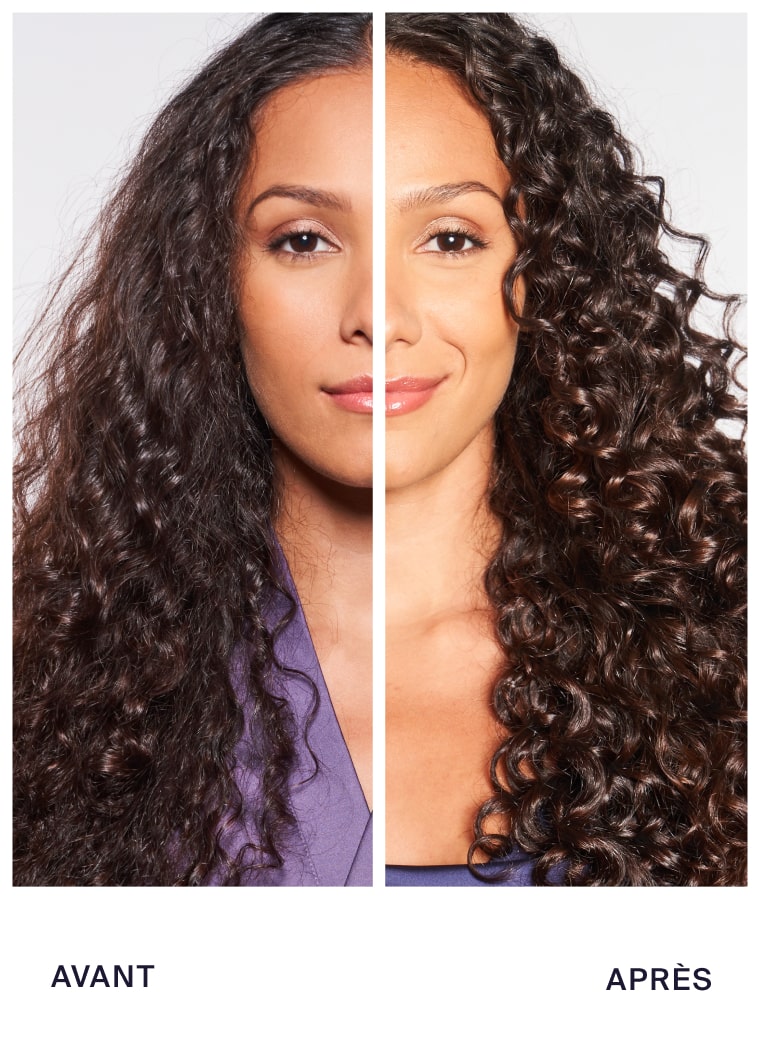 Before and after image showing the front view of a person's face with curly black hair.