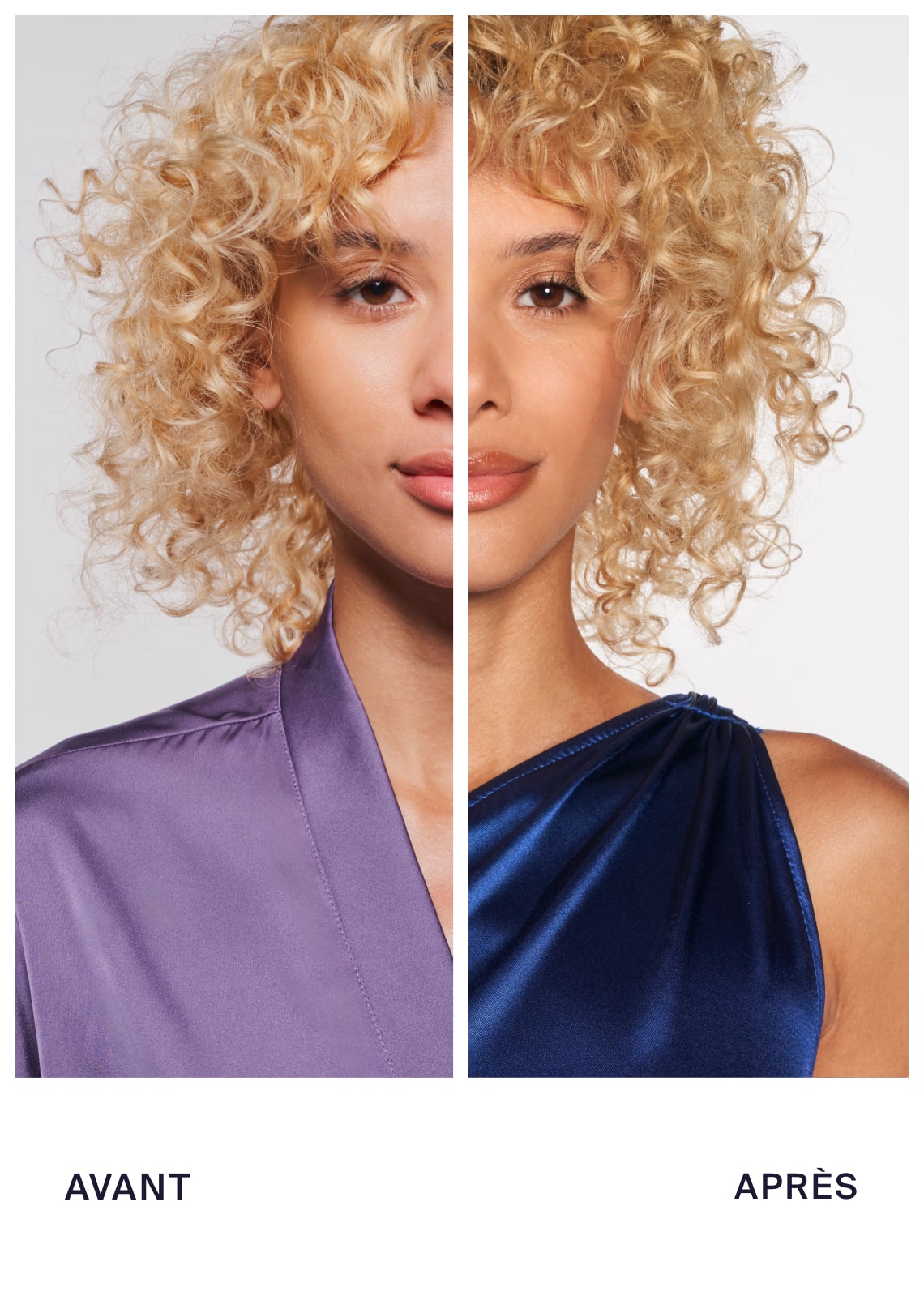 Before and after image showing the front view of a person's face with curly blonde hair.