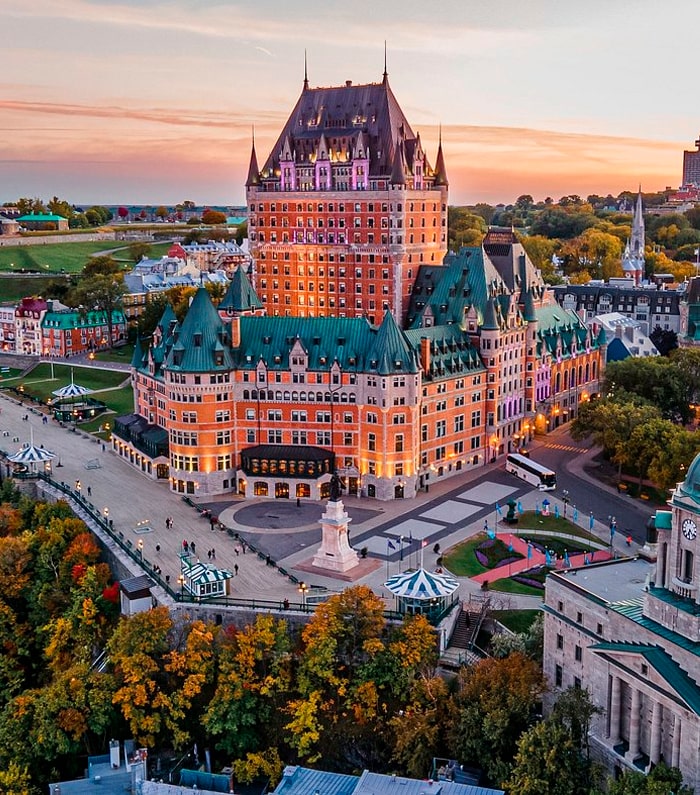 Aerial view of Château Frontenac and Old Quebec at sunset