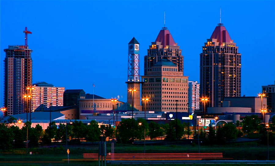 City skyline at dusk with modern buildings