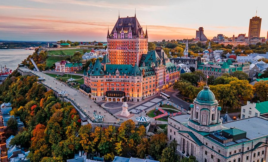 Aerial view of Château Frontenac and Old Quebec at sunset