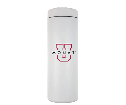 White MONAT water bottle with burgundy varsity “U” logo.