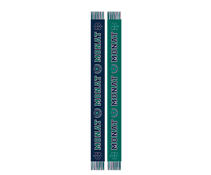 Long varsity-style MONAT U scarf displayed vertically, featuring alternating navy and teal panels with repeating MONAT logos and text, finished with striped fringe on both ends.