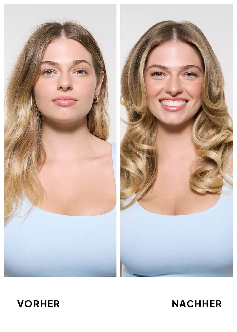 Before and after front-facing comparison of a blonde woman wearing a light blue top - hair appearing flat and lackluster on the left, and voluminous, bouncy, and glossy on the right, with a confident smile.