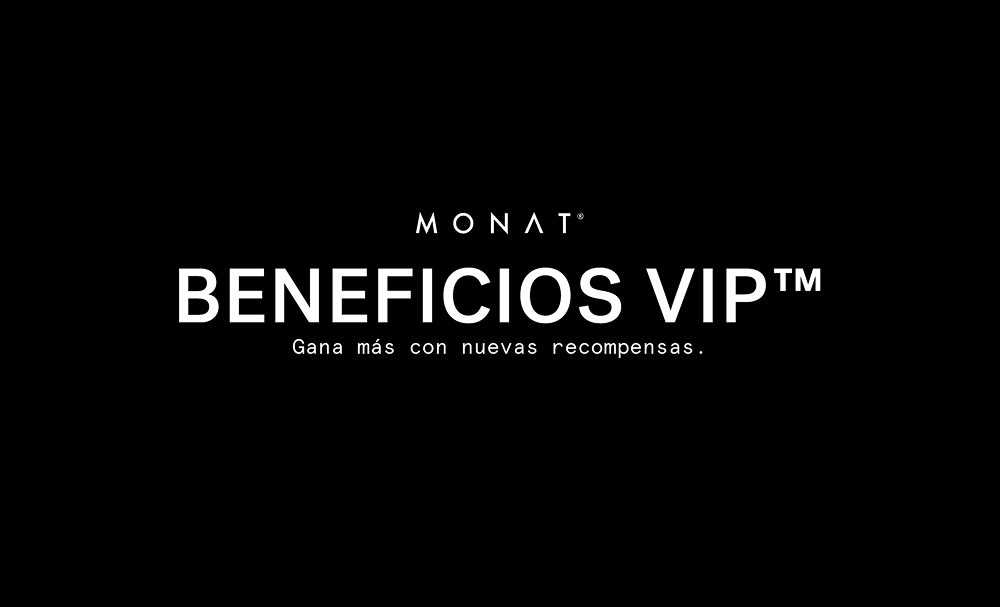 The MONAT VIP Points logo overlaying a photo of a brunette female with wavy hair that is smiling.