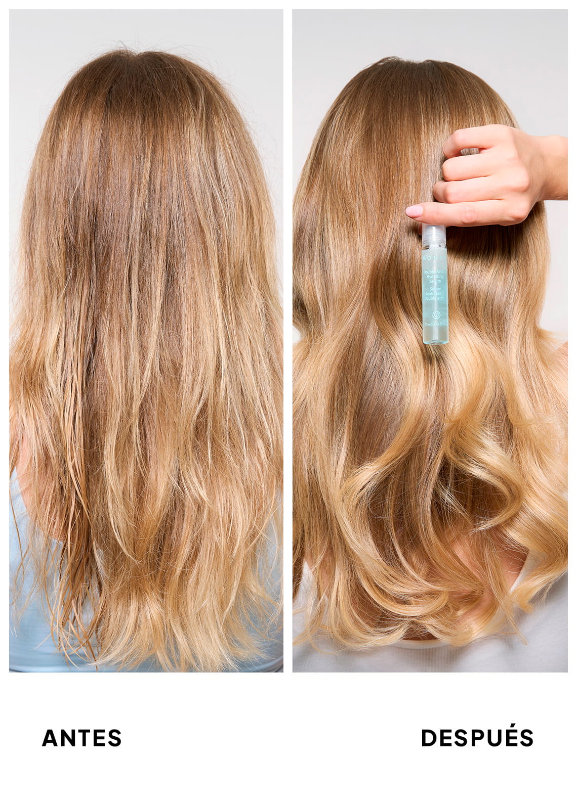 Before and after comparison showing the back of a woman's long blonde hair — dull and frizzy on the left, transformed to glossy, defined waves on the right with a MONAT Double-Action Hydrating Serum vial held at the scalp.