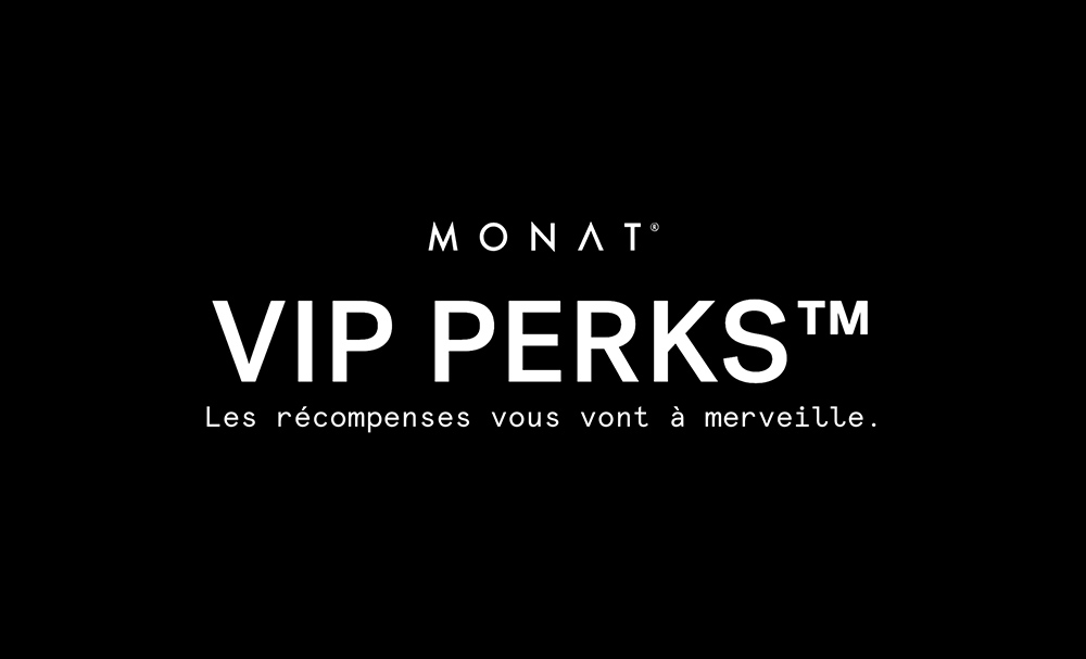 The MONAT VIP Points logo overlaying a photo of a brunette female with wavy hair that is smiling.