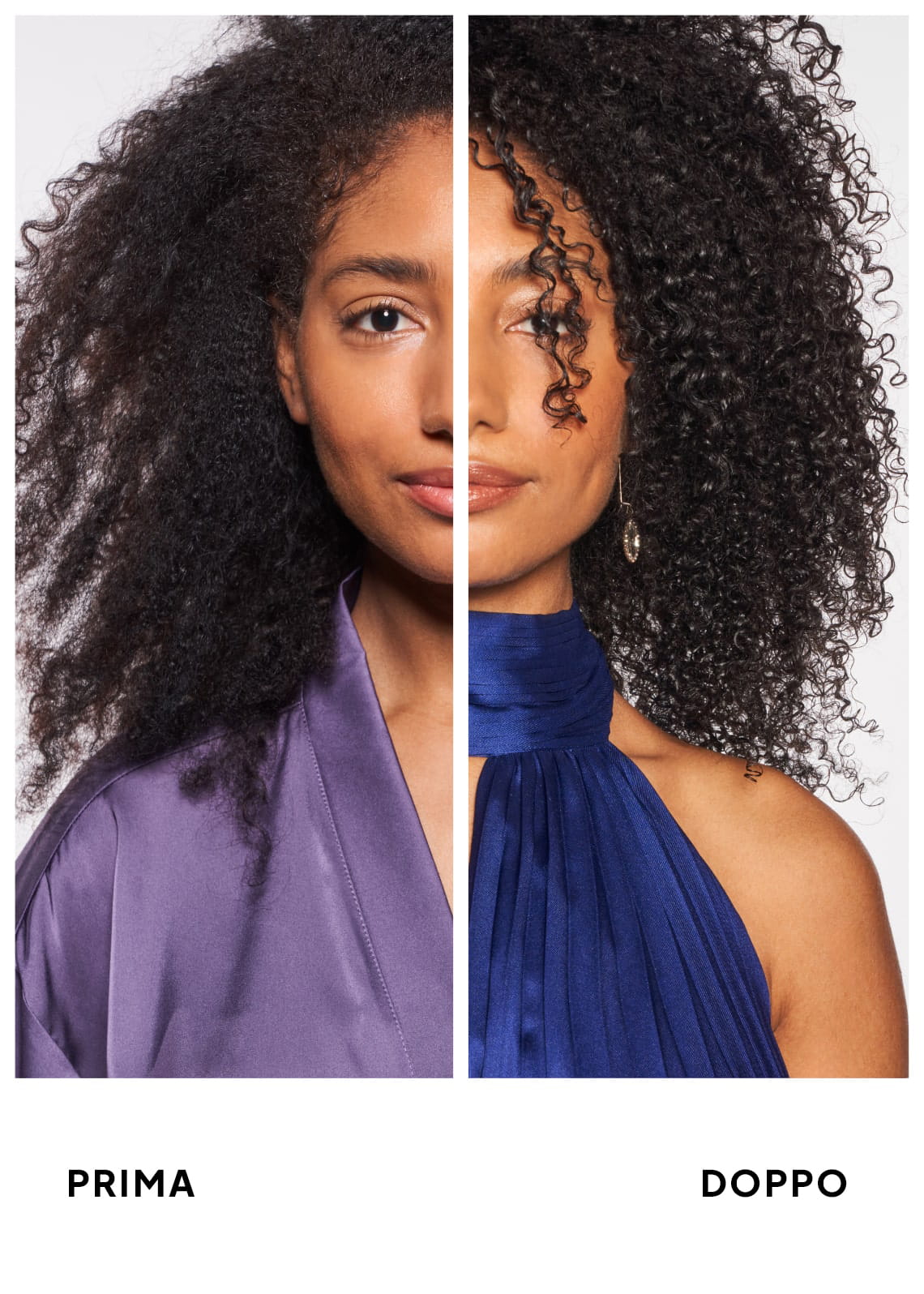 Before and after image showing the front view of a person's face with curly black hair.
