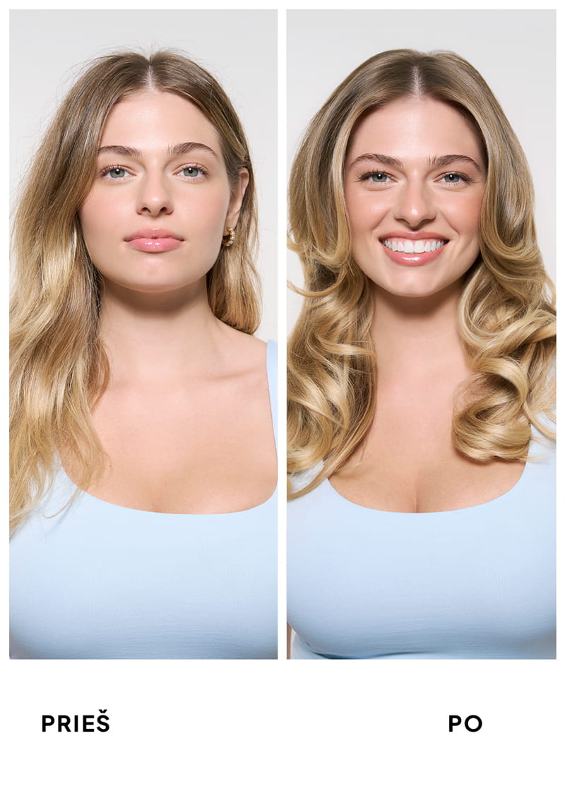 Before and after front-facing comparison of a blonde woman wearing a light blue top — hair appearing flat and lackluster on the left, and voluminous, bouncy, and glossy on the right, with a confident smile.