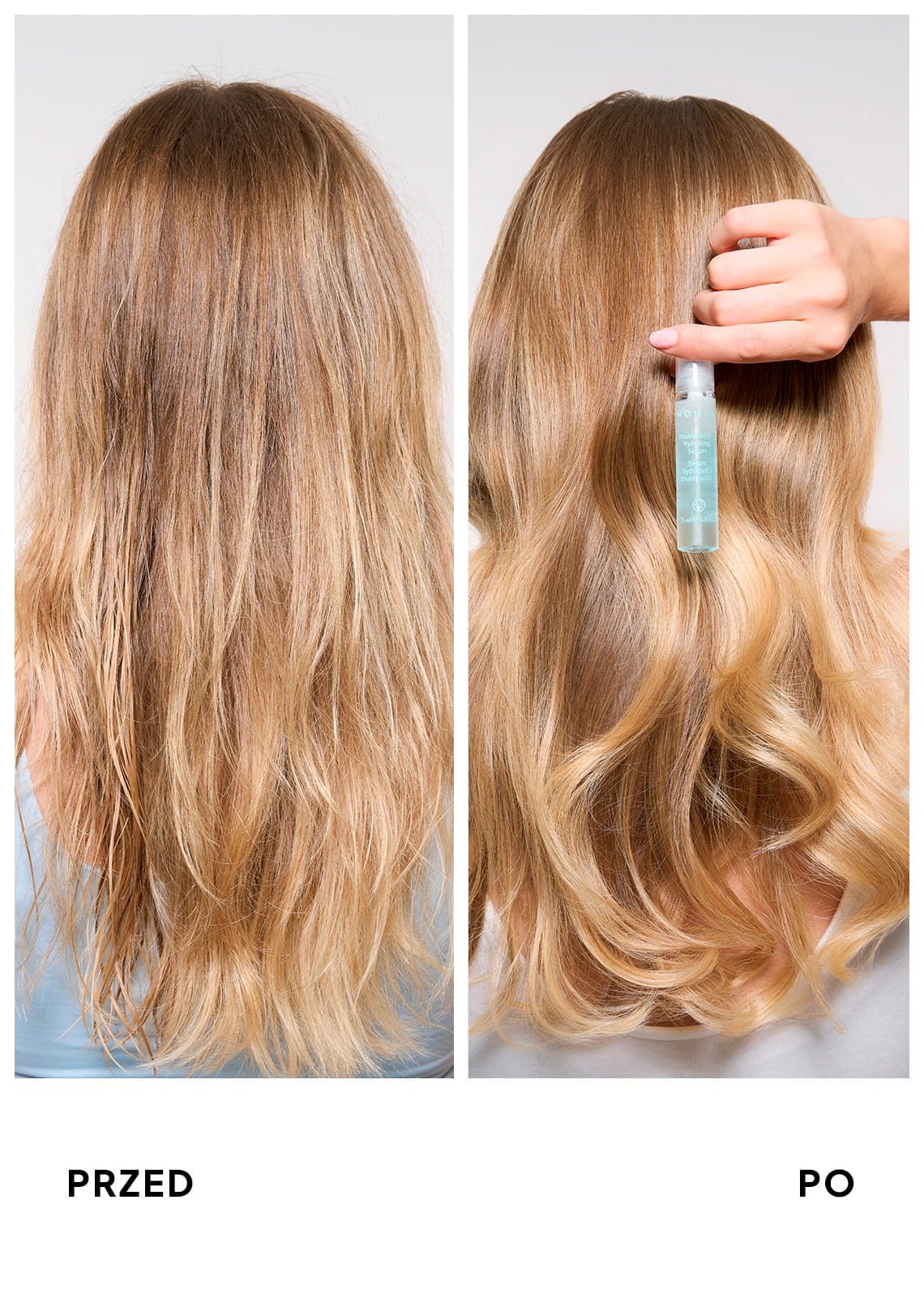 Before and after comparison showing the back of a woman's long blonde hair — dull and frizzy on the left, transformed to glossy, defined waves on the right with a MONAT Double-Action Hydrating Serum vial held at the scalp.