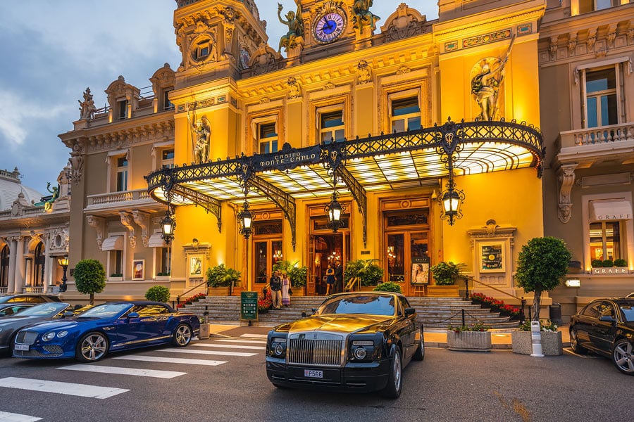 Casino Monte-Carlo in the night, hotel de Paris, night illumination, luxury cars