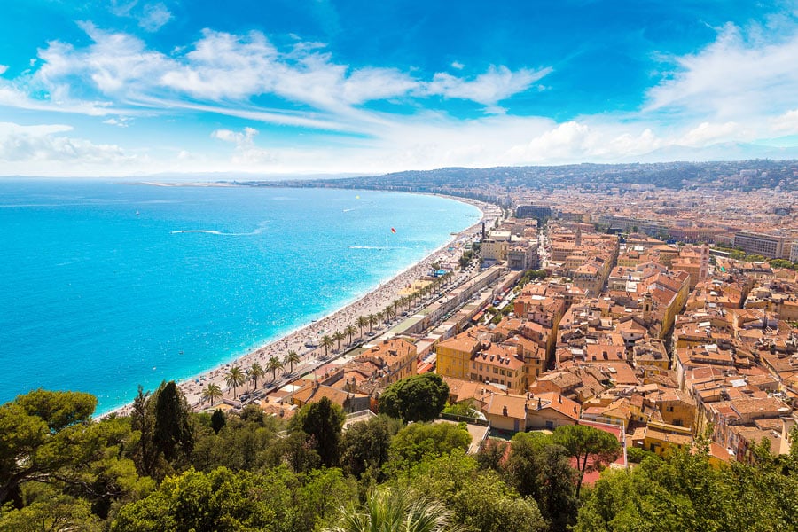 Panoramic aerial view of public beach in Nice in a beautiful summer day, France