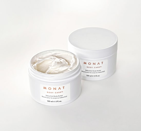 Two jars of MONAT BODY CARE™ Bakuchiol Body Butter on a White background overlying a texture product image.