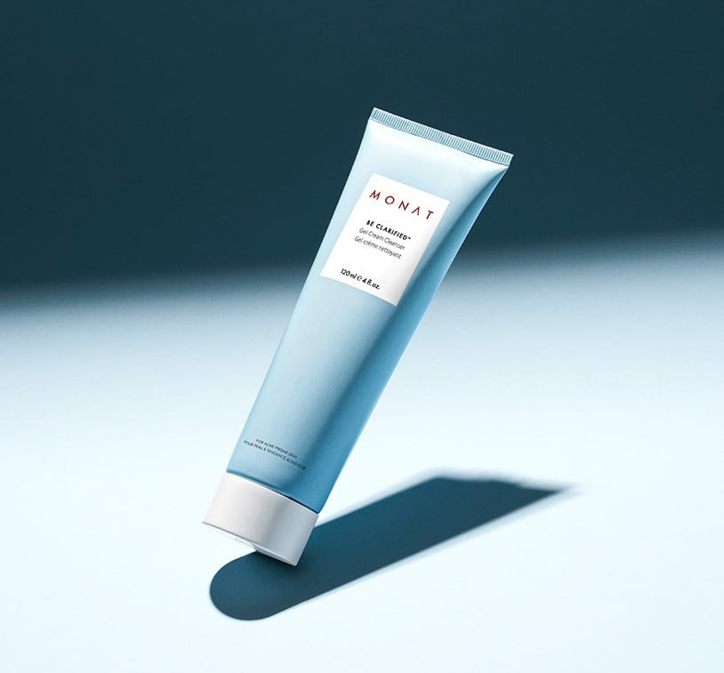 BE CLARIFIED™ Acne Gel-Cream Cleanser standing infront of a light blue background.  