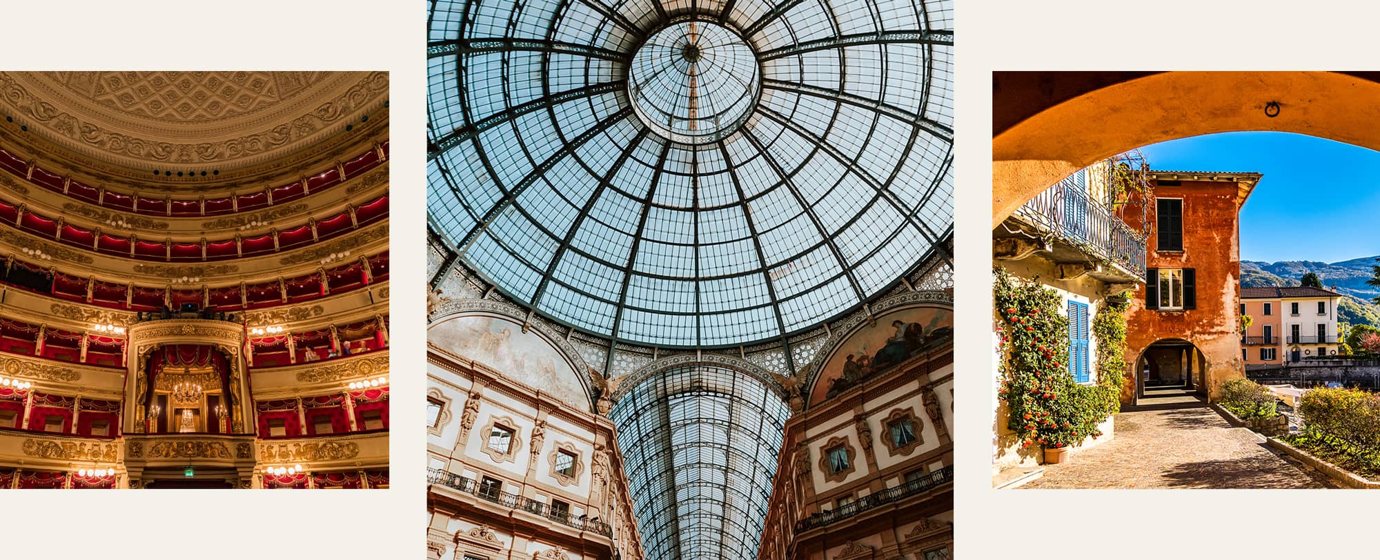 Three photos side by side: an ornate theater interior with red velvet seats, a glass-domed shopping gallery ceiling, and a sunlit Italian courtyard with warm-toned buildings.