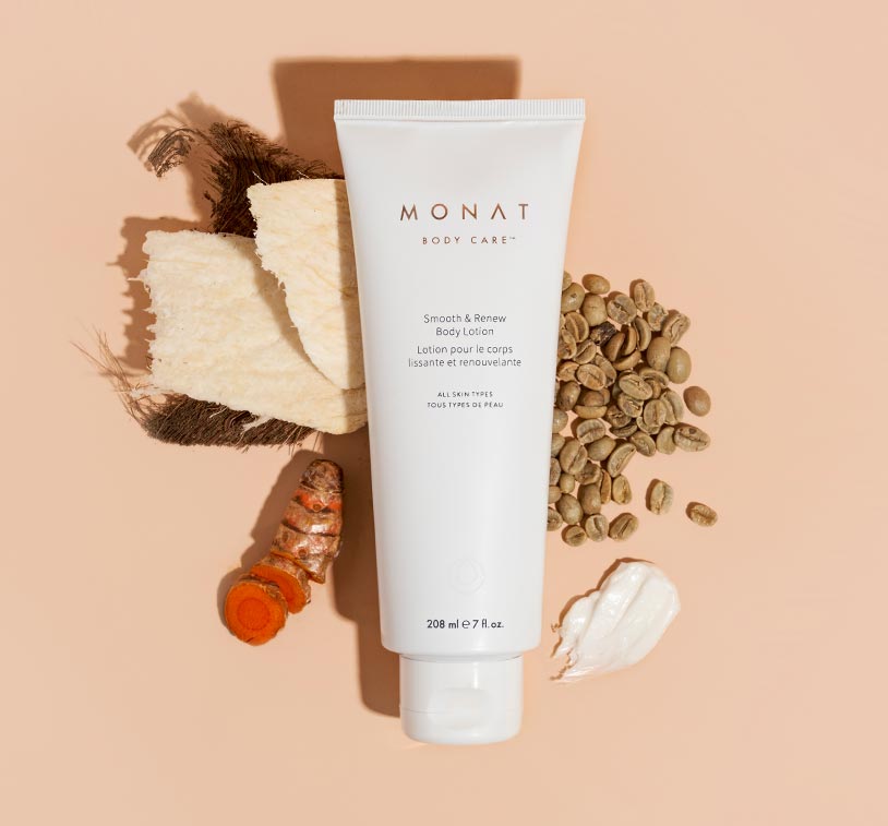 MONAT’s Smooth & Renew Body Lotion lays centered over a solid peach color background exhibiting its main ingredients ornamenting 
         the main product. 