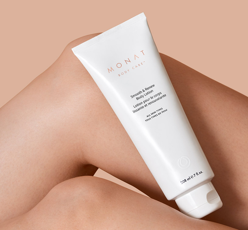 MONAT’s Smooth & Renew Body Lotion being held between a woman's thighs. It's intended to exhibit exceptional 
   results after treatment.