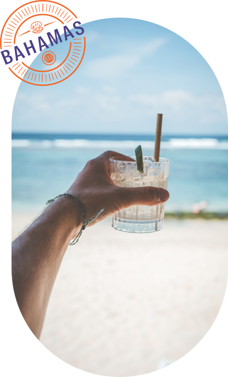 Picture of a hand holding out a cocktail by the beach on a sunny day, with a Bahamas icon.