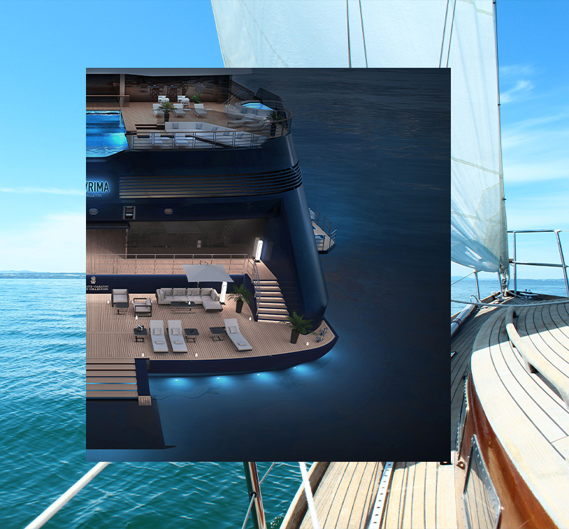 An image of the back of a yacht on open water, overlapping an image of a wooden deck of a yacht with a sail.