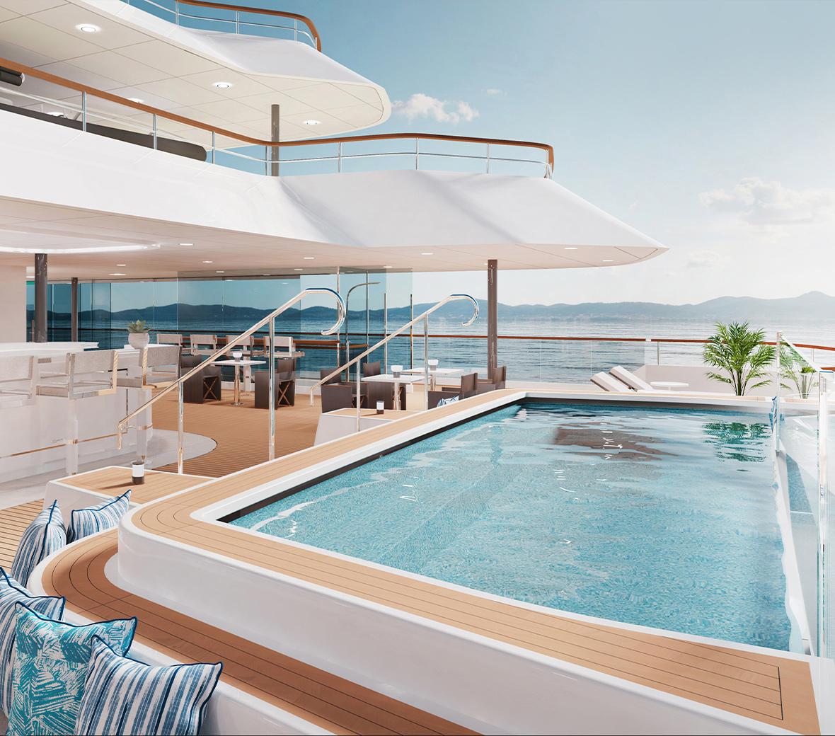 A pool on a yacht, that overlooks the ocean.