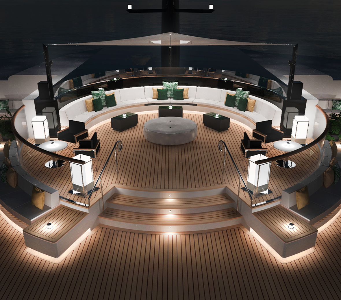 An outdoor wooden deck on a yacht during the evening, with seating areas.