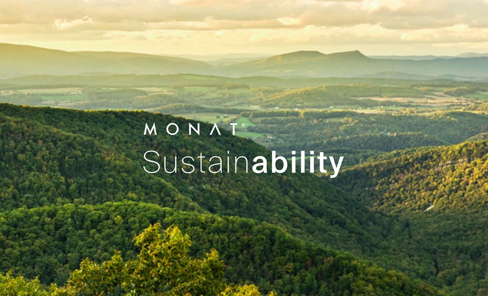 The MONAT Sustainability logo overlaying a photo of greenery and mountains.