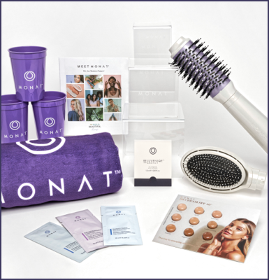 Summer Pop Kit that includes MONAT Samples, MONAT branded cups and towel, and hot tools.