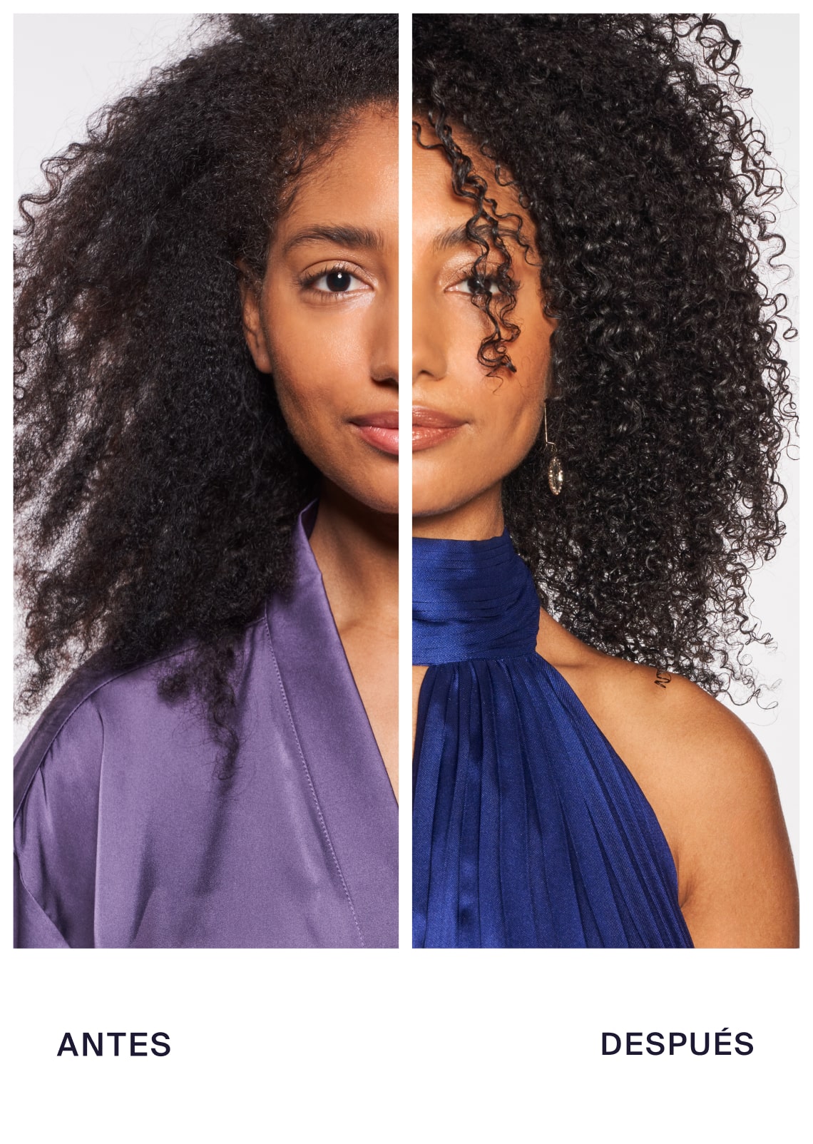 Before and after image showing the front view of a person's face with curly black hair.