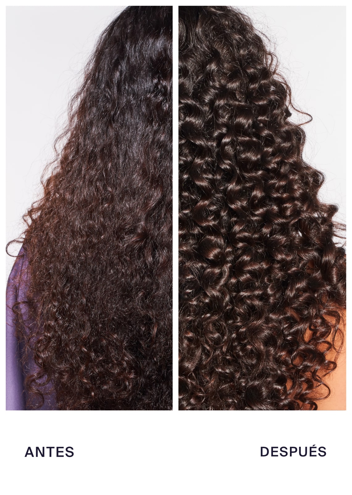 Before and after image showing the front view of a person's face with curly black hair.