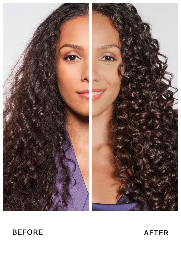 Before and after image showing the front view of a person's face with curly black hair.