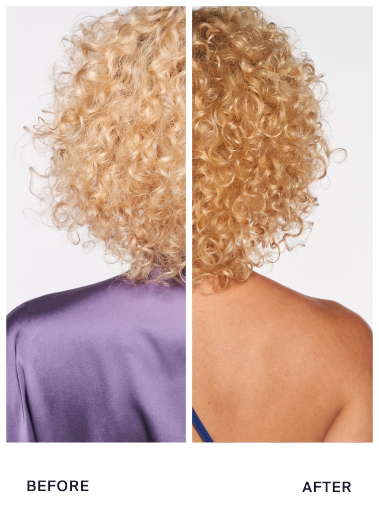 Before and after image showing the front view of a person's face with curly blonde hair.