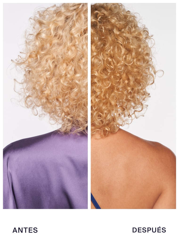 Before and after image showing the front view of a person's face with curly blonde hair.