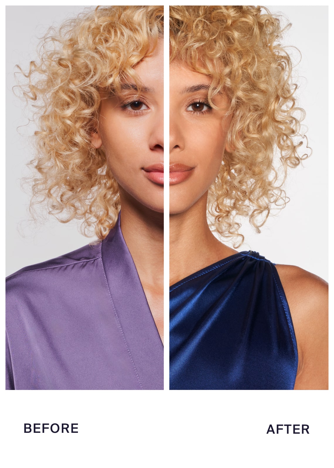 Before and after image showing the front view of a person's face with curly blonde hair.