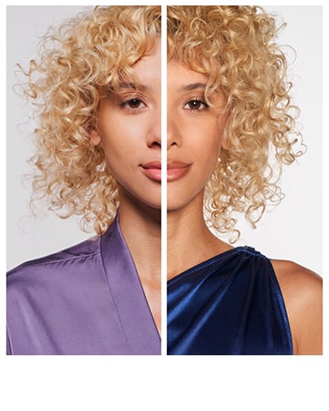 Before and after image showing the front view of a person's face with curly blonde hair.