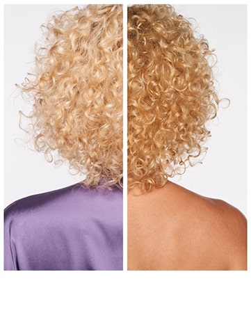 Before and after image showing the front view of a person's curly blonde hair