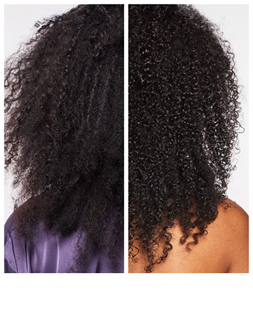 Before and after image showing the front view of a person's curly black hair