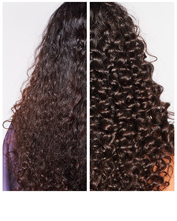 Before and after image showing the front view of a person's curly black hair