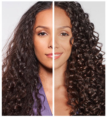 Before and after image showing the front view of a person's face with curly black hair.