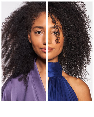 Before and after image showing the front view of a person's face with curly black hair.