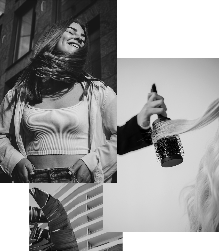 A collage of three black and white photographs showing different aspects of hair care and styling