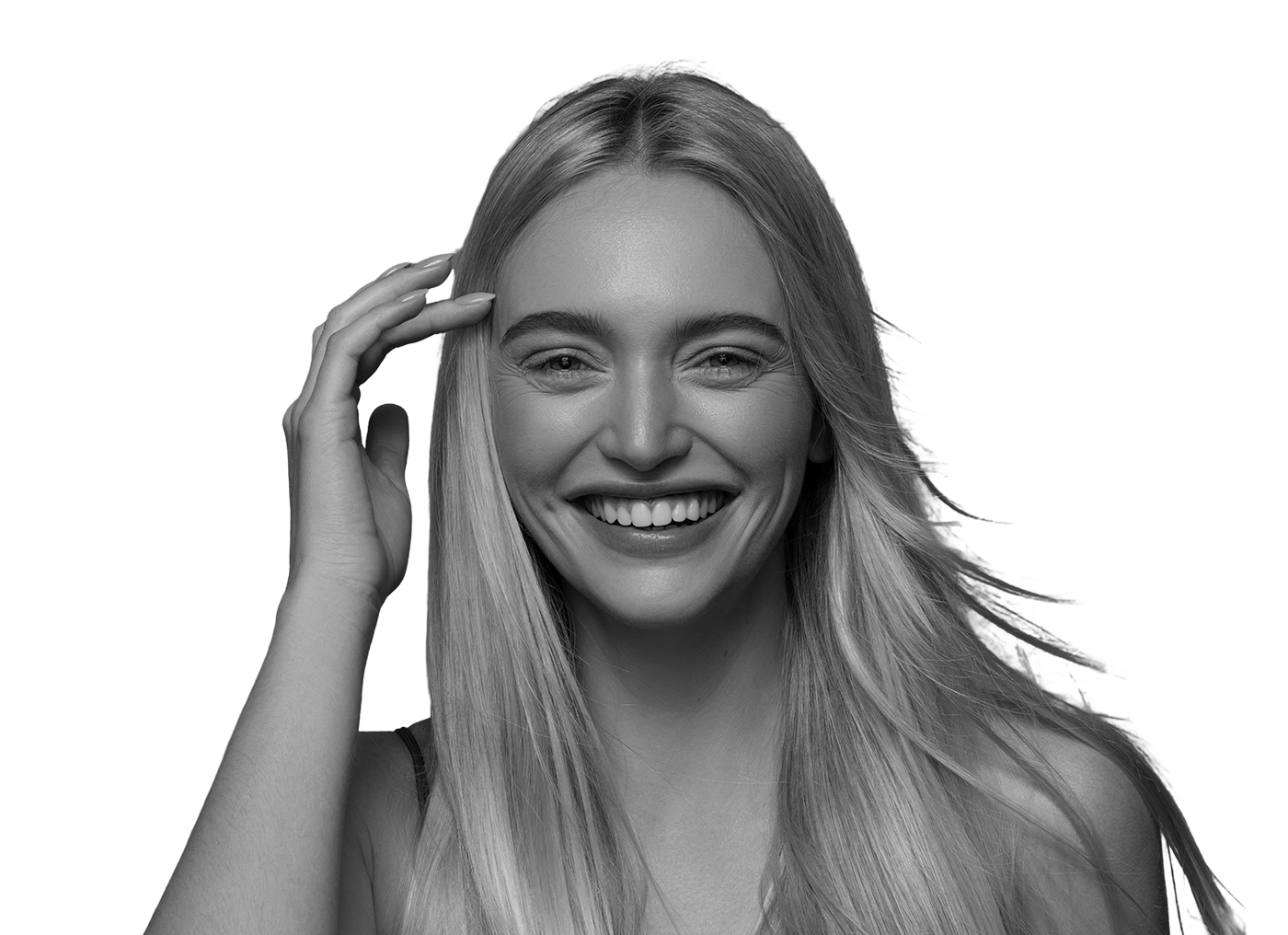 Smiling blonde woman with long hair touching her face with one hand, overlaid with text 'Introducing the Stylist Program