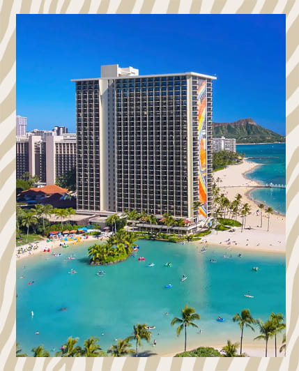 picture of Waikiki Beach Resort, vibrant tropical beach scene featuring palm trees and turquoise water