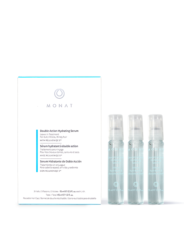MONAT Double-Action Hydrating Serum kit displayed against a black background, featuring a white box with teal accents and three clear pump vials containing light blue serum.