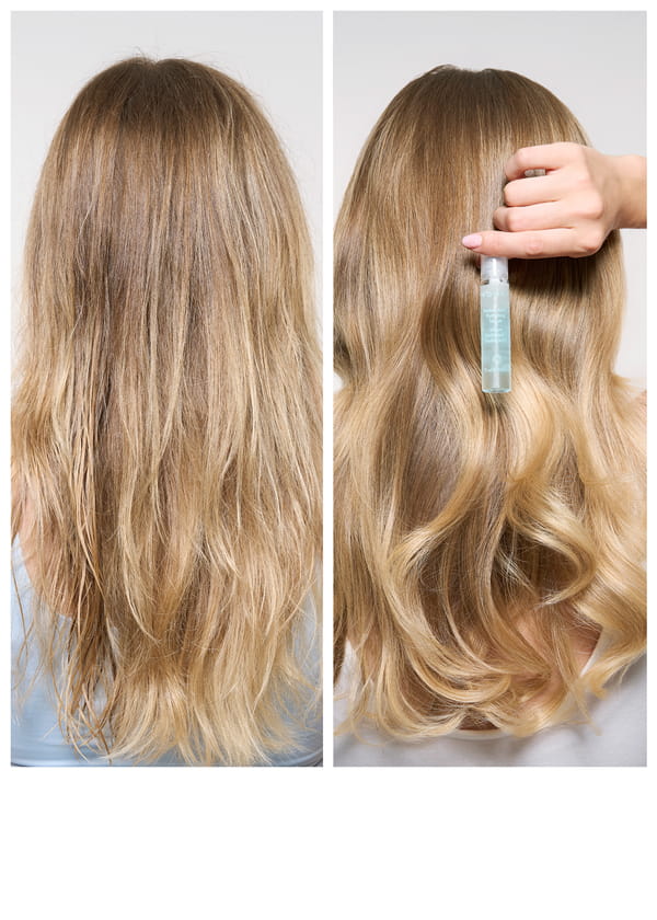 Before and after comparison showing the back of a woman's long blonde hair — dull and frizzy on the left, transformed to glossy, defined waves on the right with a MONAT Double-Action Hydrating Serum vial held at the scalp.