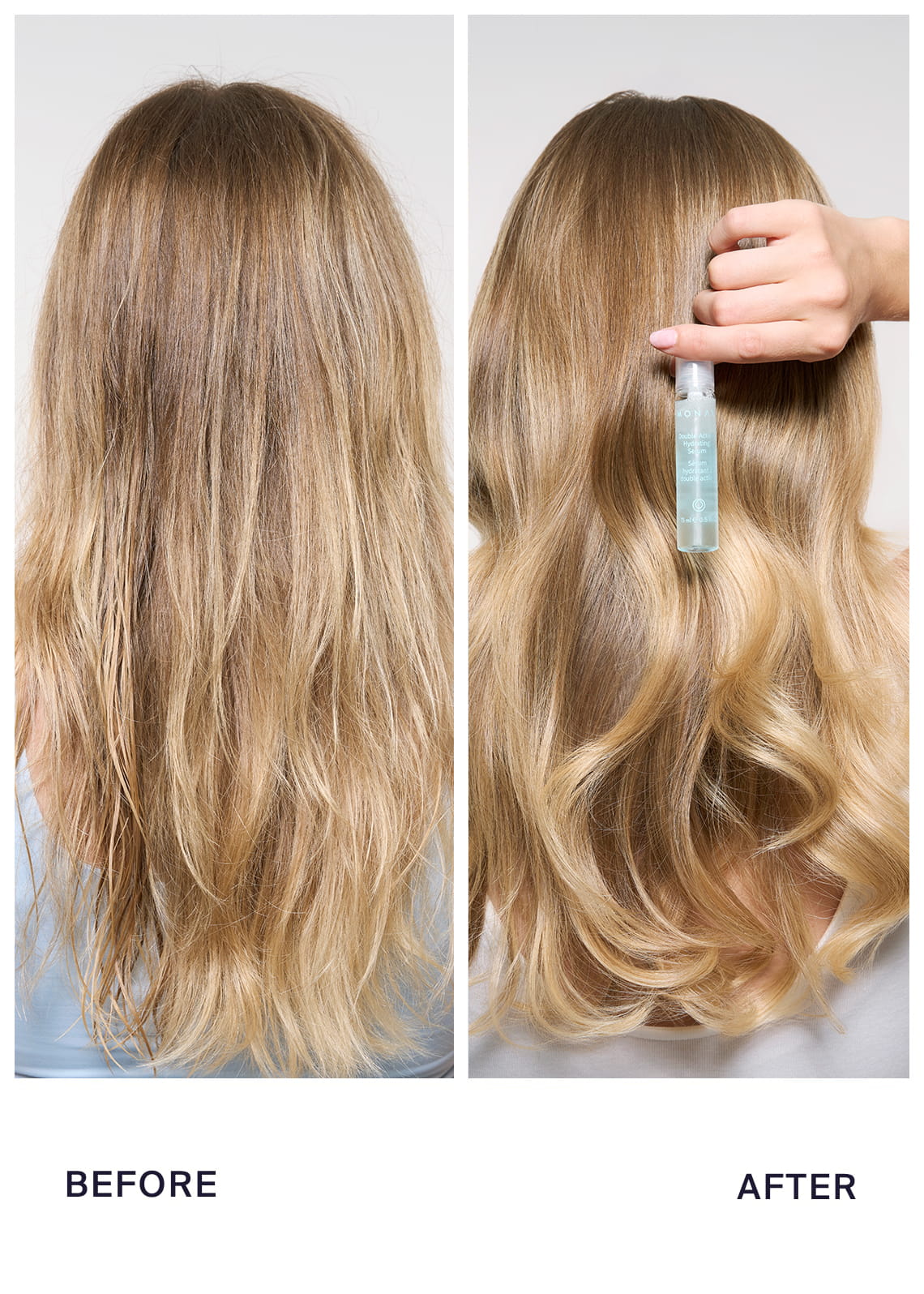 Before and after comparison showing the back of a woman's long blonde hair — dull and frizzy on the left, transformed to glossy, defined waves on the right with a MONAT Double-Action Hydrating Serum vial held at the scalp.