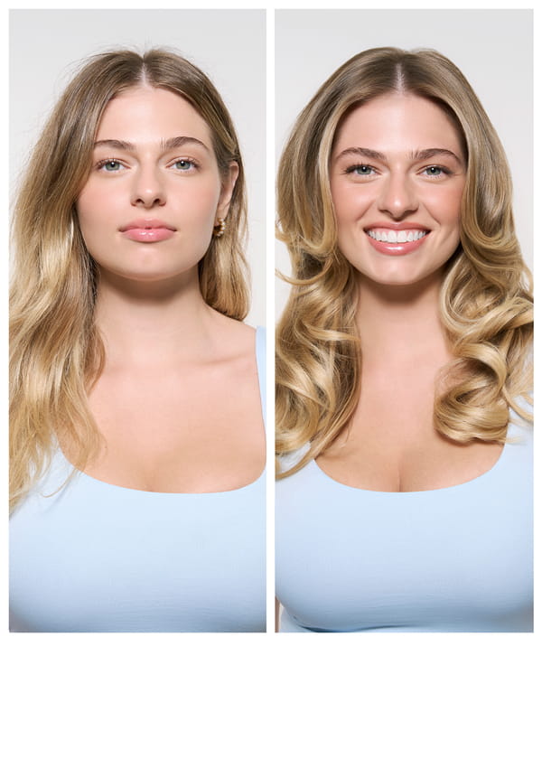 Before and after front-facing comparison of a blonde woman wearing a light blue top — hair appearing flat and lackluster on the left, and voluminous, bouncy, and glossy on the right, with a confident smile.
