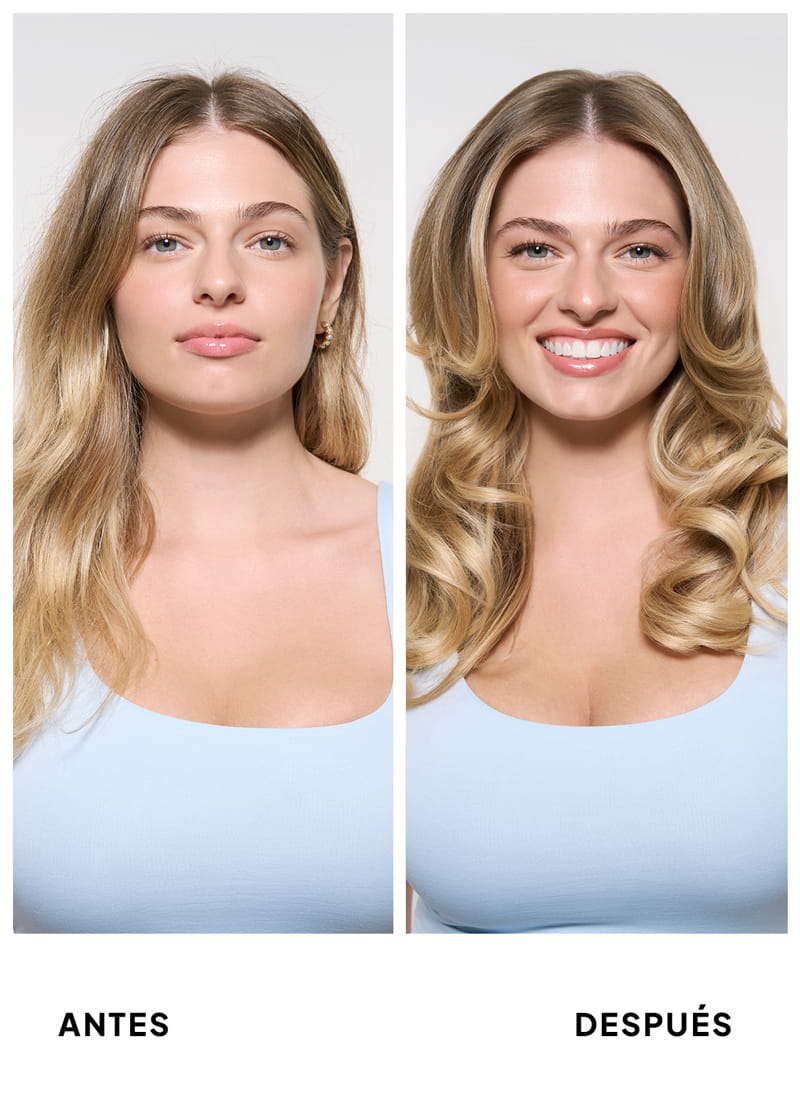 Before and after front-facing comparison of a blonde woman wearing a light blue top — hair appearing flat and lackluster on the left, and voluminous, bouncy, and glossy on the right, with a confident smile.